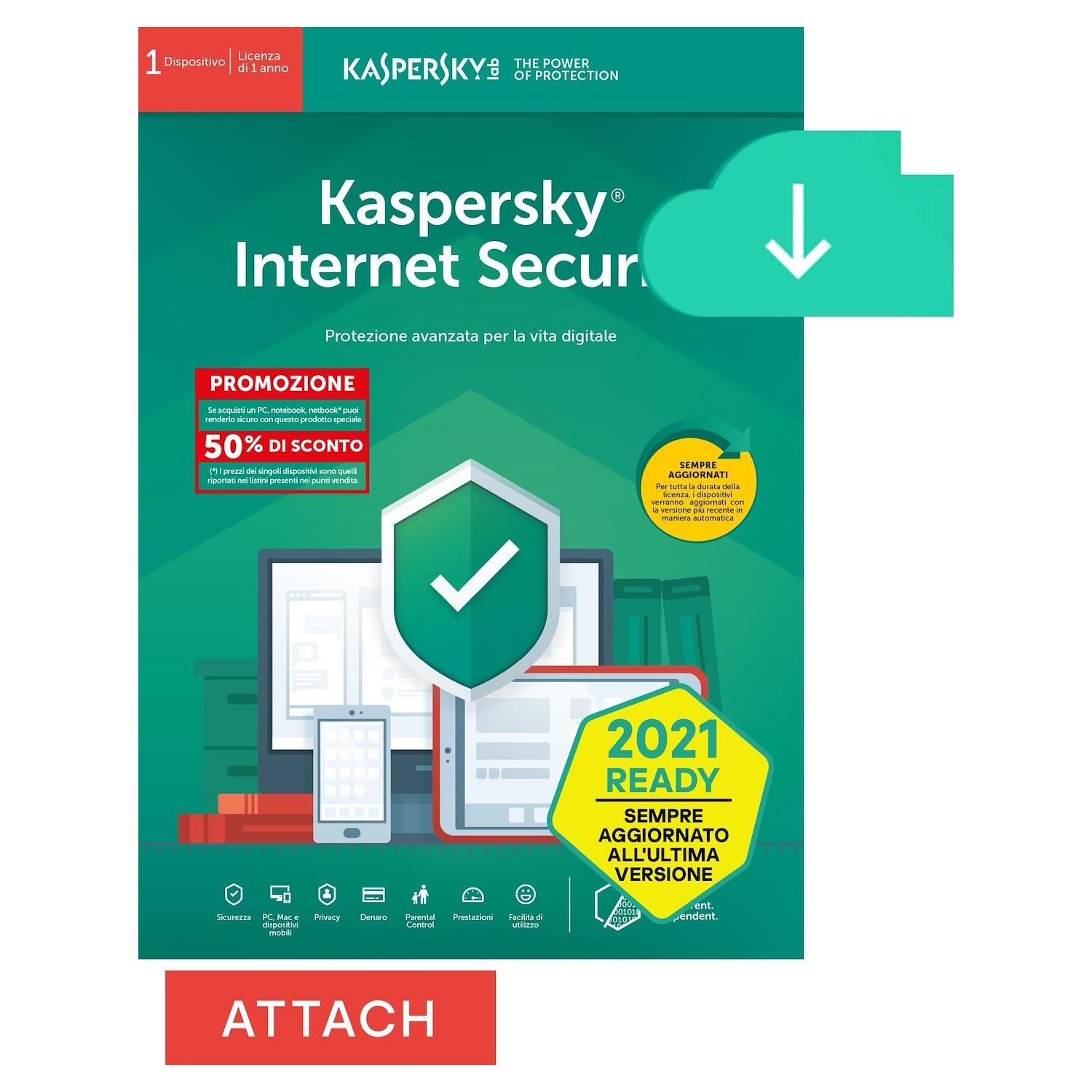 Immagine per Kaspersky Internet Security 2021,1 Dispositivo    ATTACH,Licenza di 1 anno PC, Mac, Android da DIMOStore