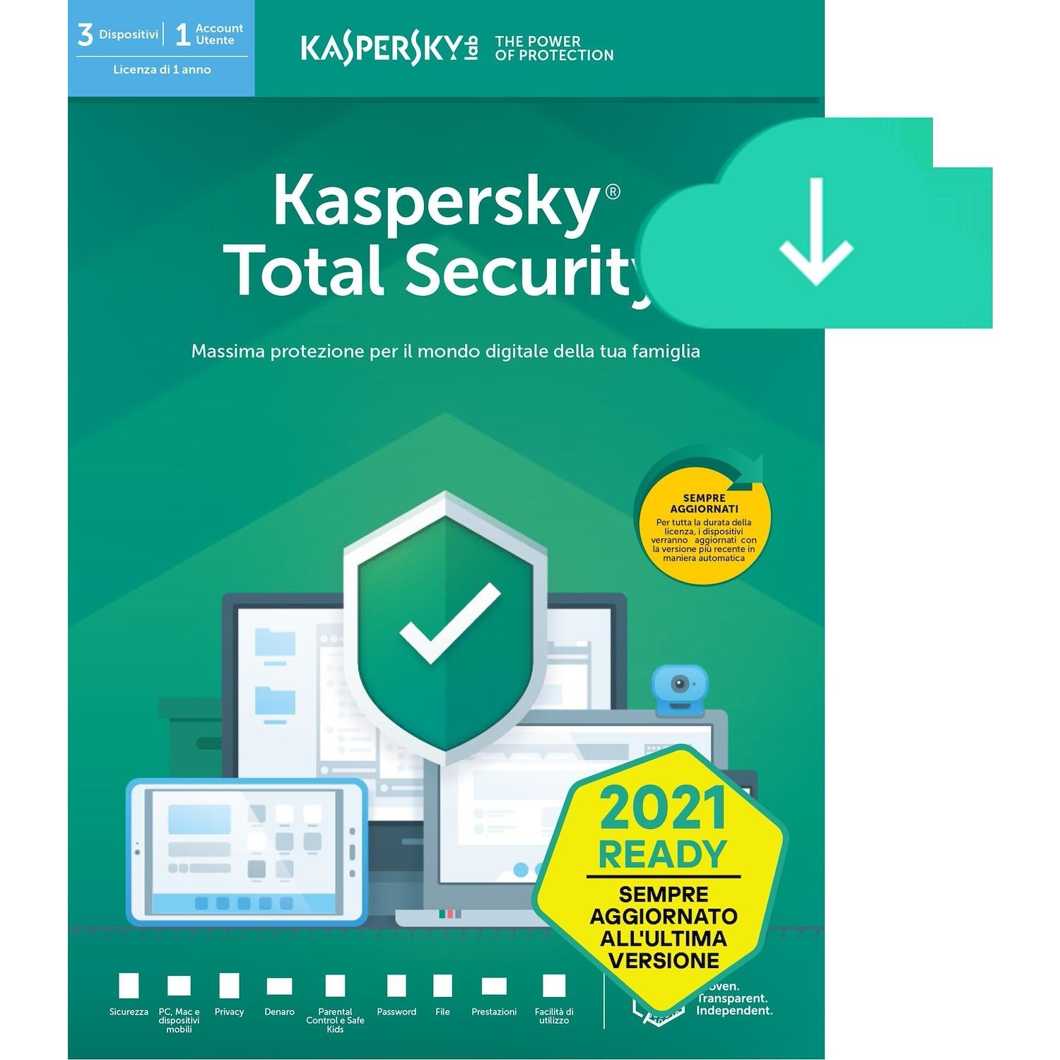 Immagine per Kaspersky Total Security 2021,3 Dispositivi       Licenza di 1 anno,PC, Mac, Android, iOS da DIMOStore