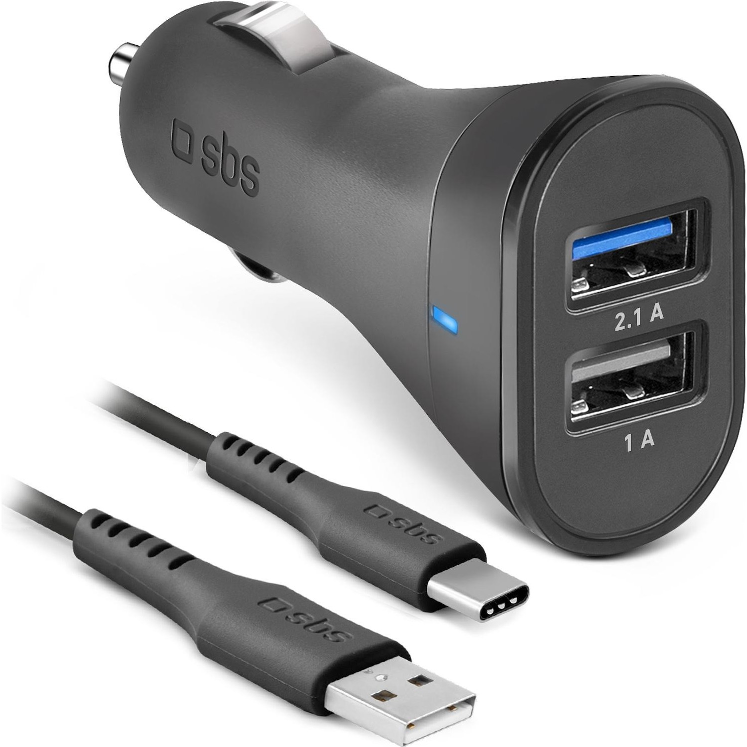 Immagine per Kit SBS caricabatterie da auto 12/24V 2100 mAh fast charge 2 USB + cavo USB Type-C colore nero da DIMOStore