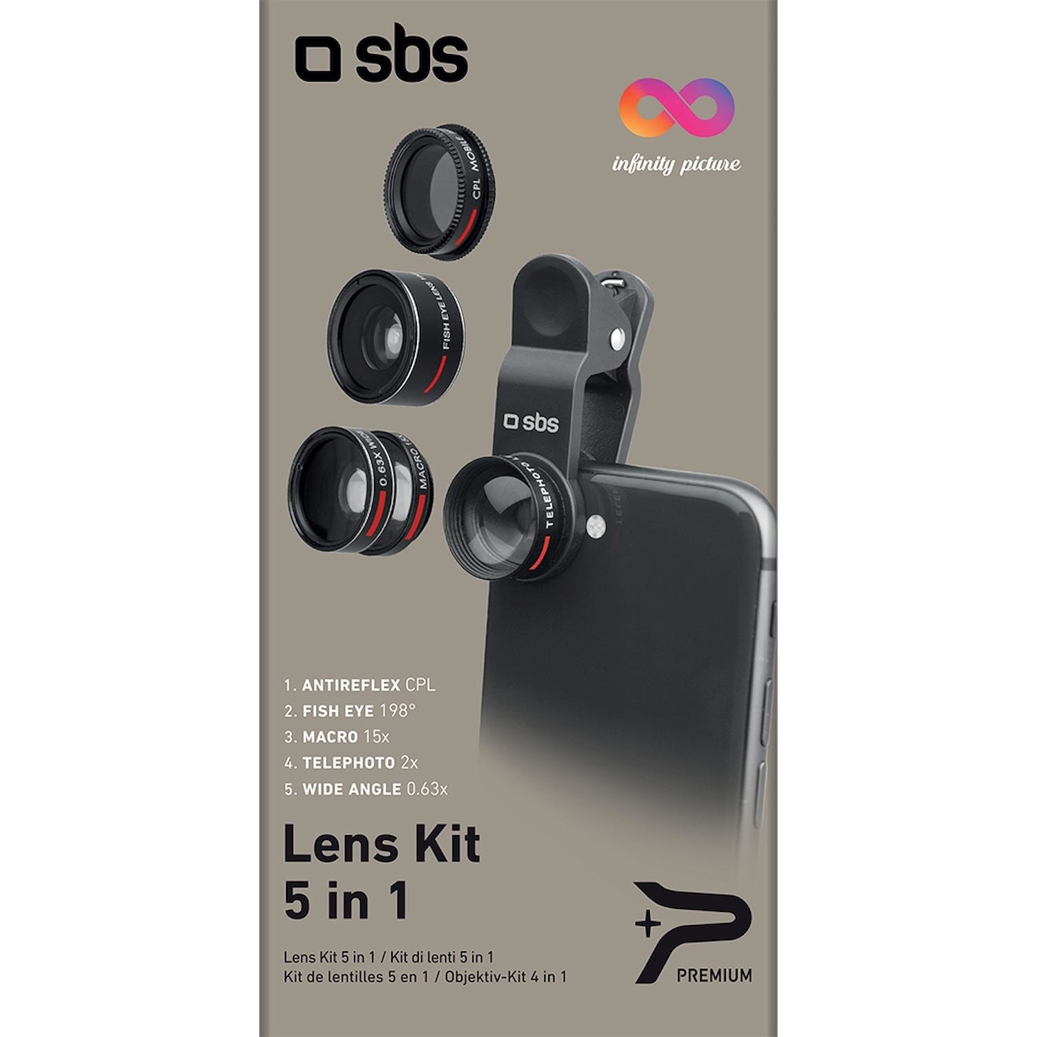 Immagine per Kit SBS lenti fotografiche 5 in 1 per smartphone fotocamera singola (wide+macro+fisheye+cpl+ 2X zoom da DIMOStore