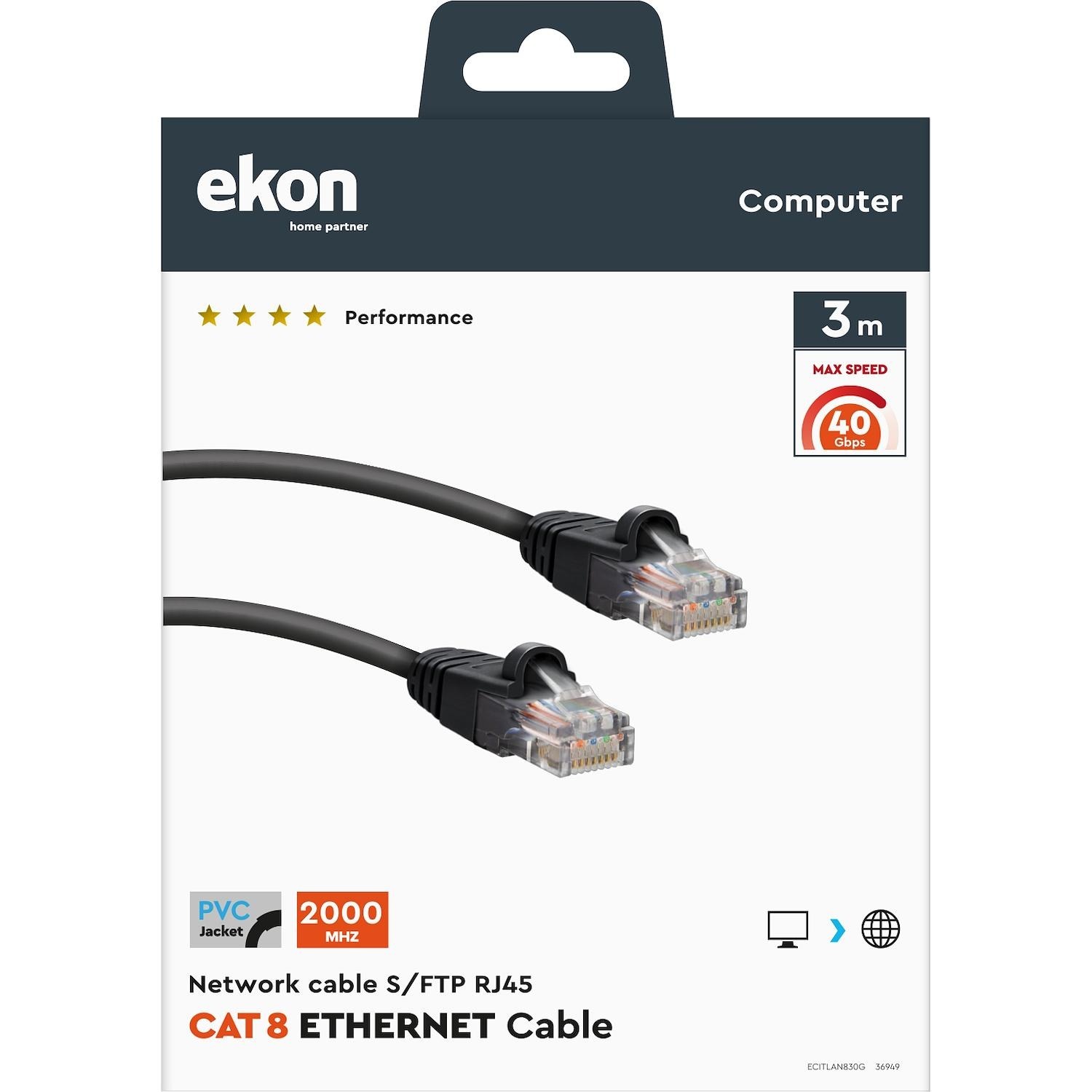 Cavo di rete Ekon per PC S/FTP cat 8 connettore RJ45 da 3 metri nero -  DIMOStore