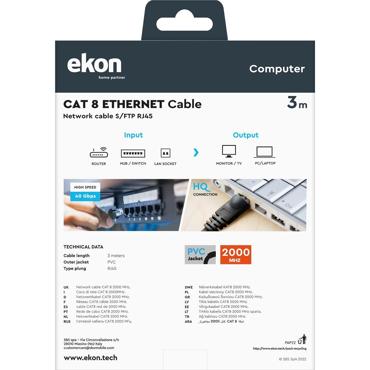 Cavo di rete Ekon per PC S/FTP cat 8 connettore RJ45 da 3 metri nero -  DIMOStore