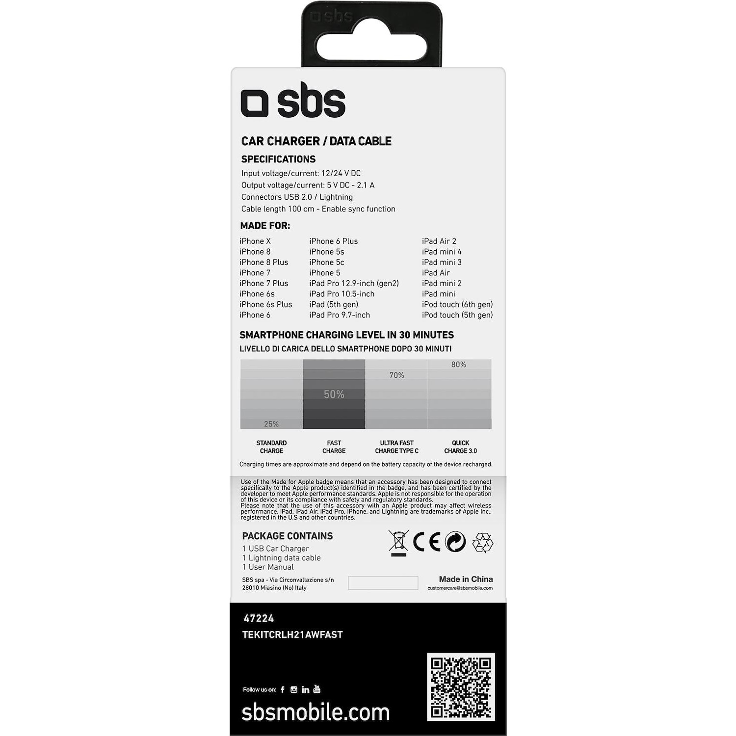 SBS Caricabatterie da auto con due porte USB da 2100 mAh