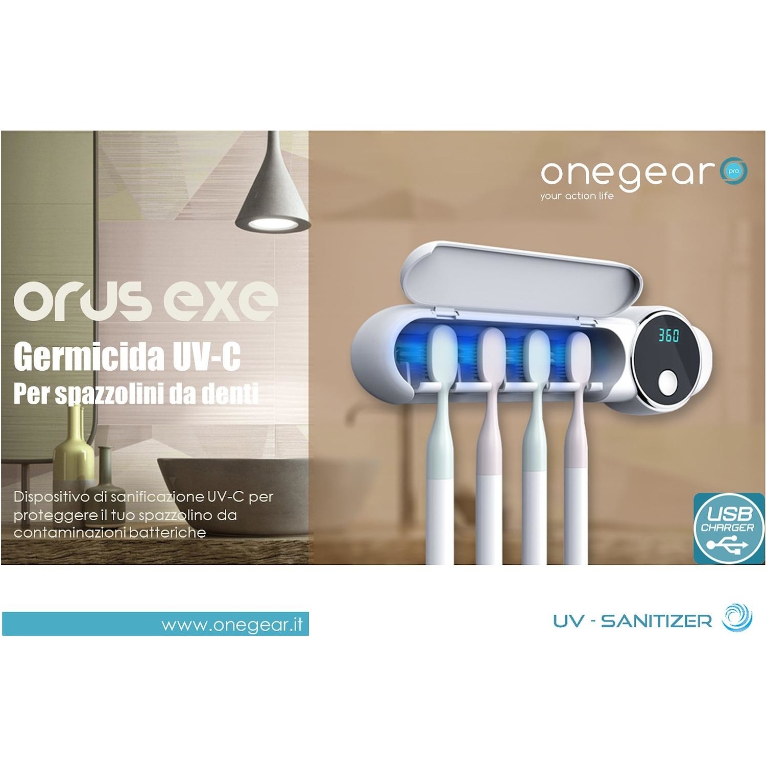 Porta spazzolino + sterilizzatore raggi UV-C Onegear Orus Exe