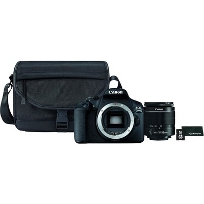 Fotocamera reflex Canon EOS 2000D con ottica EF 18-55mm DC III + borsa,scheda SD da 16GB e panno per pulizia inclusi nella confezione.