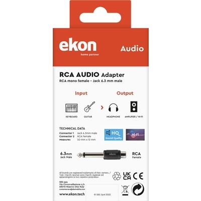 Adattatore audio jack 6,3 mm mono maschio a RCA mono femmina Ekon