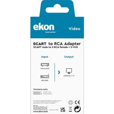 Adattatore Video scart 21 pin maschio a 3 RCA femmina + S-VHS femmina con switch Ekon