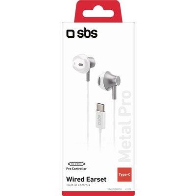 Auricolari SBS Semi in ear in metallo, connettore Type-C, microfono, bianco