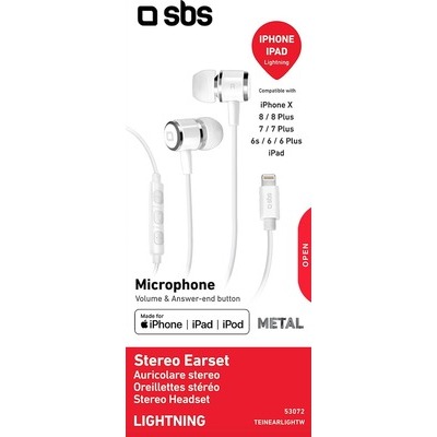 Auricolari SBS stereo a filo con microfono tasti volume e risposta connettore lightning bianchi