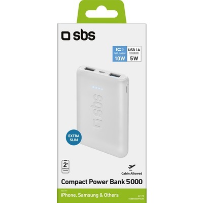 Caricabatterie portatile a ricarica rapida SBS serie pocket da 5000 mAh dotato di 1 ingresso Micro USB e due uscite USB da 1A e 2.1A white bianco Powerbank