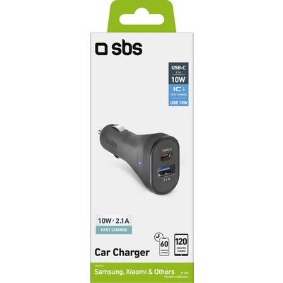 Caricabatterie SBS da auto 12/24V 3100 mAh ultra fast charge , USB Type-C + USB 2.1 A, colore nero