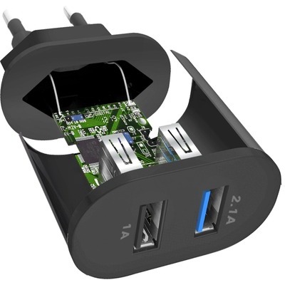 Caricabatterie SBS da viaggio 100/250V 2100 mAh fast charge, 2 USB, colore nero