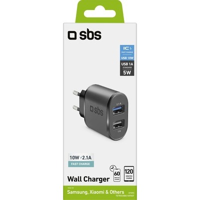 Caricabatterie SBS da viaggio 100/250V 2100 mAh fast charge, 2 USB, colore nero