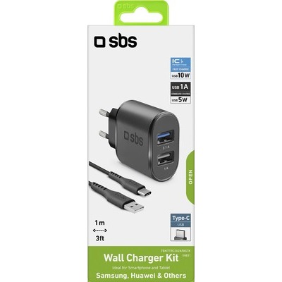 Caricabatterie SBS USB 2 uscite 1 A + 2.1 A e cavo di ricarica con connettore USB Type-C