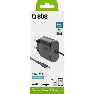Caricabatterie SBS viaggio 100/250V 2100 mAh fast charge con connettore micro-USB colore nero