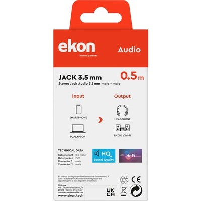 Cavo audio jack 3,5 mm stereo maschio a jack 3,5 mm stereo maschio, lunghezza cavo 0.5 metri Ekon