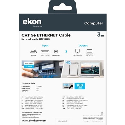 Cavo di rete per PC Ekon UTP cat 5e colore grigio, connettori RJ45, lunghezza cavo 3 metri
