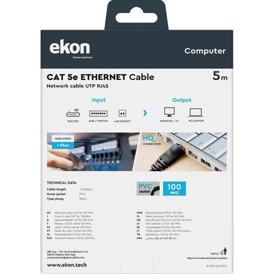 Cavo di rete per PC Ekon UTP cat 5e colore grigio, connettori RJ45, lunghezza cavo 5 metri