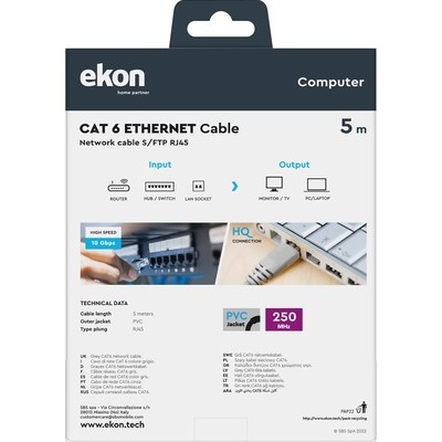 Cavo di rete per PC UTP cat 6 colore grigio, connettori RJ45, lunghezza cavo 5 metri Ekon