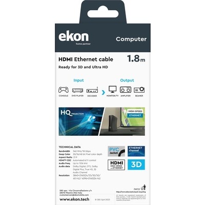 Cavo Ekon ad alta velocità HDMI tipo A maschio concavo Ethernet maschio per 3D e Ultra HD lunghezza 1,8 metri colore nero