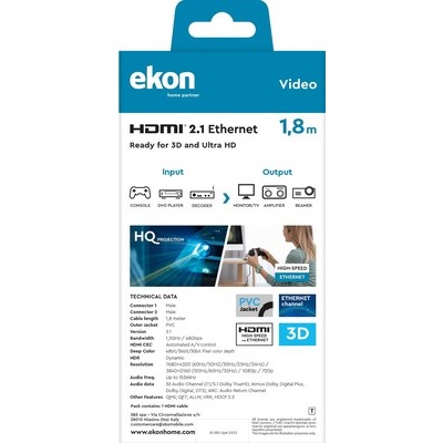 Cavo Ekon HDMI 2.1 con ethernet, 8K supportato 1,8 metri nero