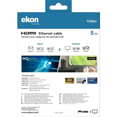 Cavo HDMI v.1.4 alta velocità con Ethernet, connettori gold, nucleo in ferrite. lunghezza 5 metri Ekon