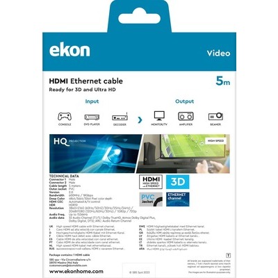 Cavo HDMI v.1.4 alta velocità con ethernet connettori maschio - maschio, lunghezza 5 metri Ekon