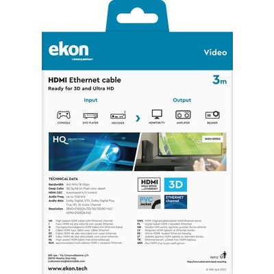 Cavo HDMI v.1.4 alta velocità maschio a HDMI maschio con Ethernet lunghezza cavo 3 metri Ekon