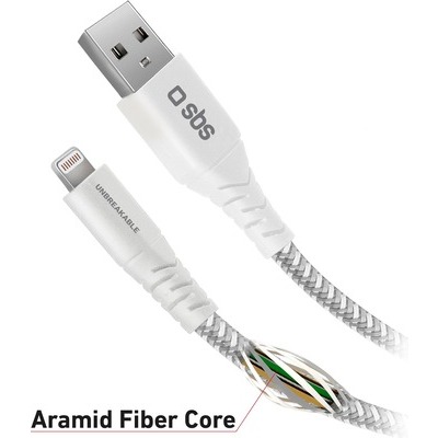 Cavo SBS antigroviglio in fibra aramidica per ricarica e trasferimento dati iPhone con connettori USB 2.0 e lightning lunghezza 1 metro white bianco
