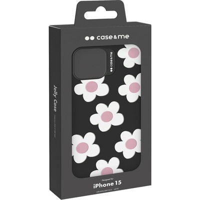 Cover SBS in silicone con pattern 3D Jelly Collection per iPhone 15 nero / fiori bianchi rosa