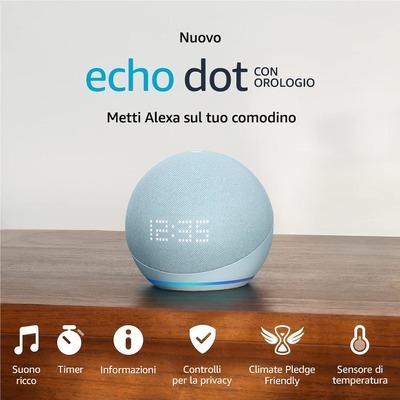 Diffusore Amazon Echo Dot 5° generazione con clock blu