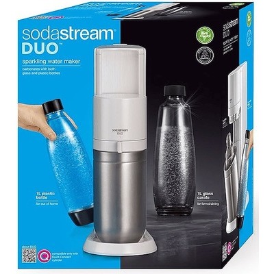 Gasatore acqua Sodastream Duo white bianco con 1 bottiglia in vetro 1LT + 1 bottiglia riutilizzabile 1LT + 1 cilindro Quick Connect a incastro rapido