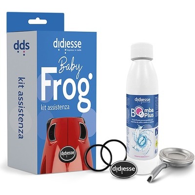 Kit assistenza per macchina da caffè a cialde Didiesse Baby Frog con soluzione decalcificante 250ml, portacialda asportabile con filtro in acciaio e 2 guarnizioni
