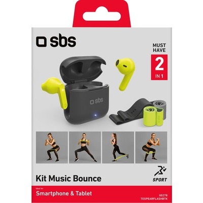 Kit SBS auricolari stereo wireless con microfono e comandi integrati + fasce elastiche per il fitness nero/giallo fluo