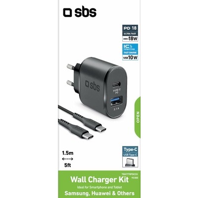 Kit SBS caricabatteria da rete nero USB 10W TYPE-C 18W