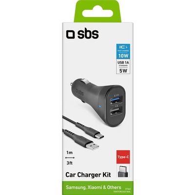 Kit SBS caricabatterie da auto 12/24V 2100 mAh fast charge 2 USB + cavo USB Type-C colore nero