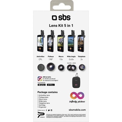 Kit SBS lenti fotografiche 5 in 1 per smartphone fotocamera singola (wide+macro+fisheye+cpl+ 2X zoom)con astuccio
