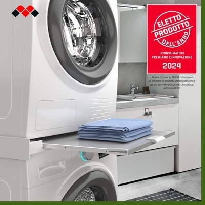 Meliconi Base Torre PRO L60 kit di sovrapposizione universale per lavatrice e asciugatrice con ripiano estraibile e cinghia di sicurezza.