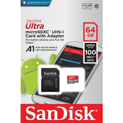 MicroSD San Disk 64 GB 98MB/S A1 con adattatore e App performance