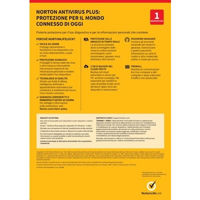 Norton Antivirus Plus 2020, 1 Dispositivo Licenza di 1 anno, PC o Mac CARD Download version