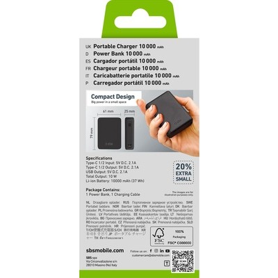 Powerbank SBS 10.000mAh, 2x Type-C + USB , 10W, colore nero