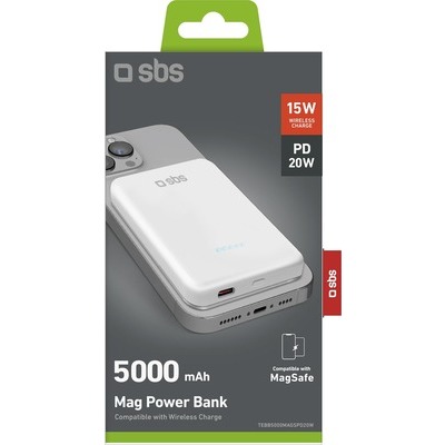 Powerbank SBS 5.000mAh compatibile con MagSafe 1xType C PD20W slim, bianco