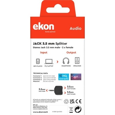 Sdoppiatore audio jack 3,5 mm stereo maschio a 2 xjack 3,5 mm stereo femmina Ekon