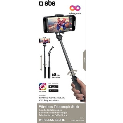 Selfie stick SBS wireless, universale per iOS e Android braccio telescopico in alluminio e menico finitura rubber colore nero