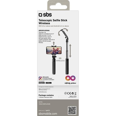Selfie stick SBS wireless, universale per iOS e Android braccio telescopico in alluminio e menico finitura rubber colore nero