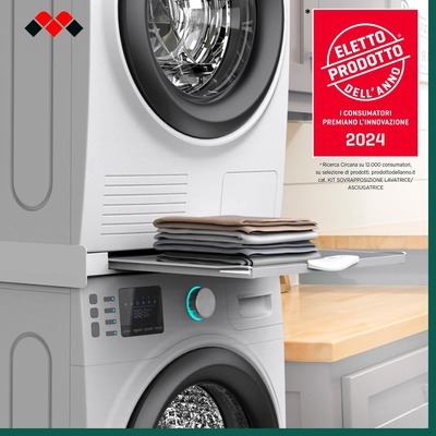TORRE GREEN Meliconi kit di sovrapposizione universale per lavatrice e asciugatrice con ripiano estraibile e cinghia di sicurezza.