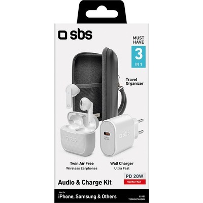 Travel kit SBS comprensivo di charger Type-C e cuffiette bluetooth bianche